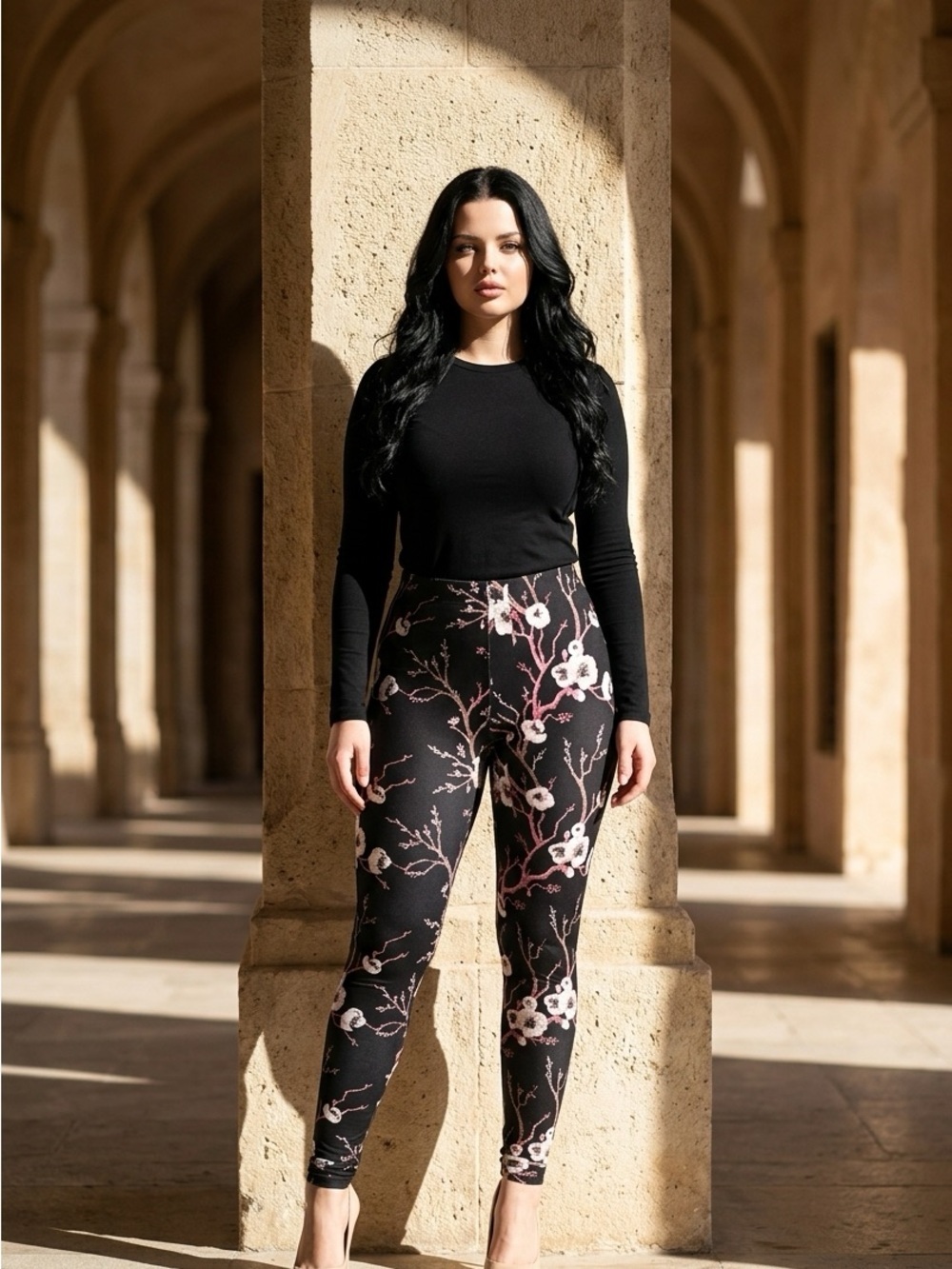 NWT - Curvy Plus Black Leggings with White Floral Ankle Length - Fits Size 12-18